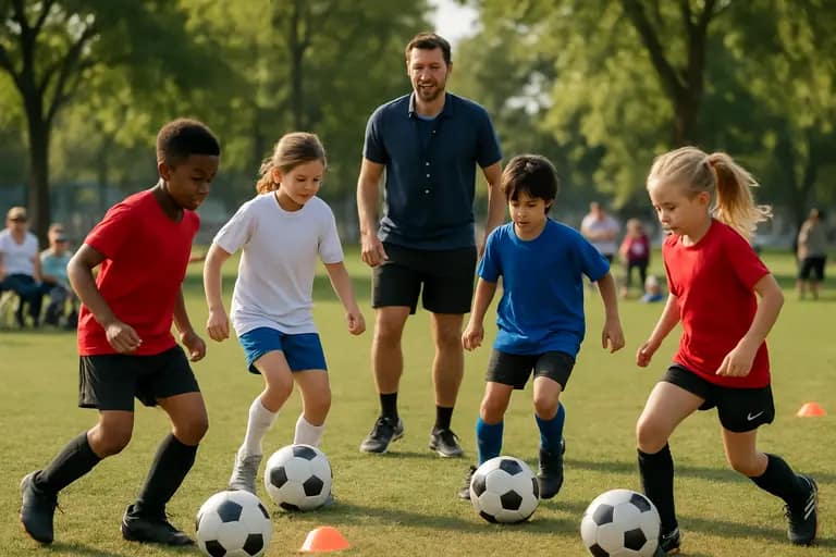 Players taking part in a small-sided community soccer game on a city field