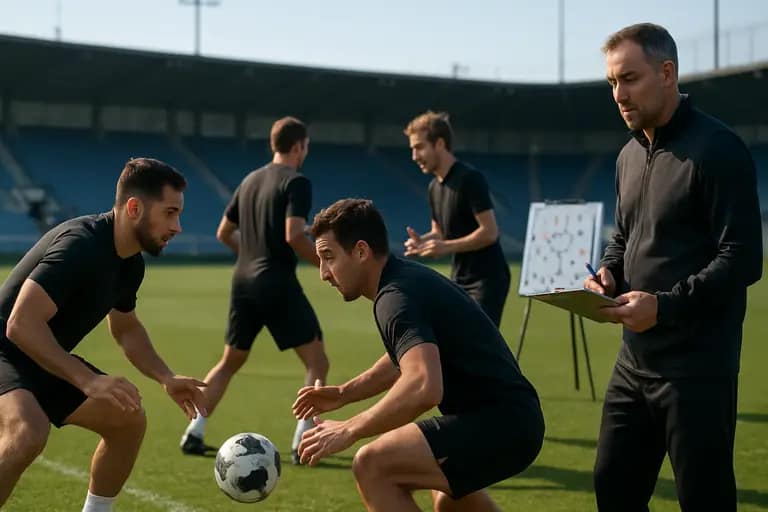 Two midfielders shift across the pitch to protect space during a transition