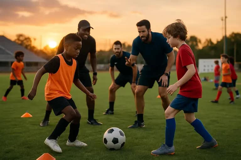 Young footballers training under coaches on a practice field