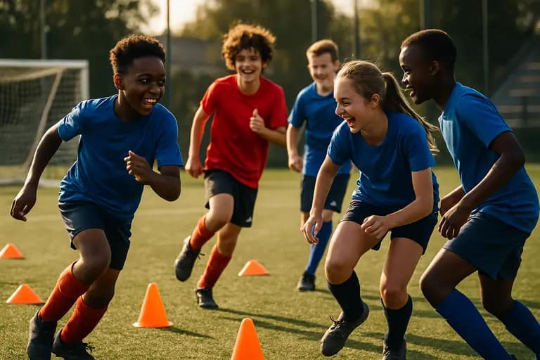 Young soccer players training on a professional practice field