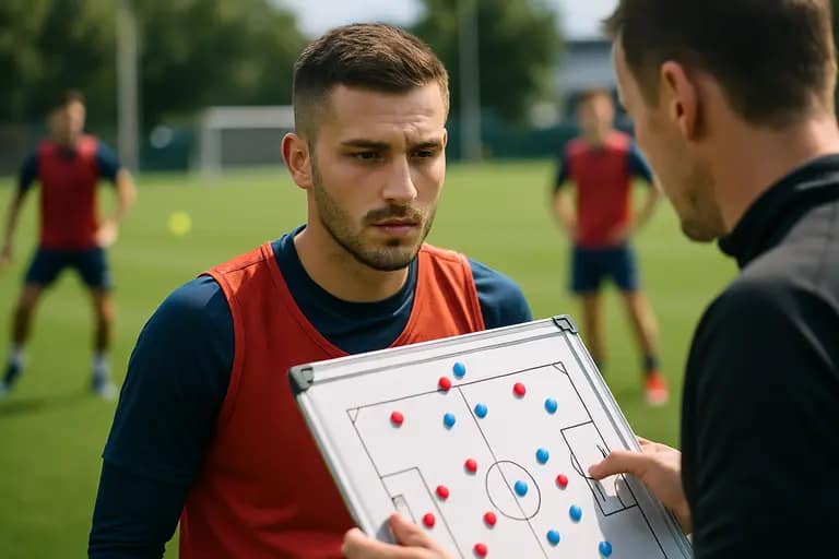 A center forward positioned between defenders inside the penalty area