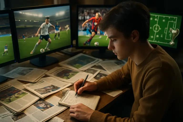 Laptop showing football research notes beside a notebook and scarf
